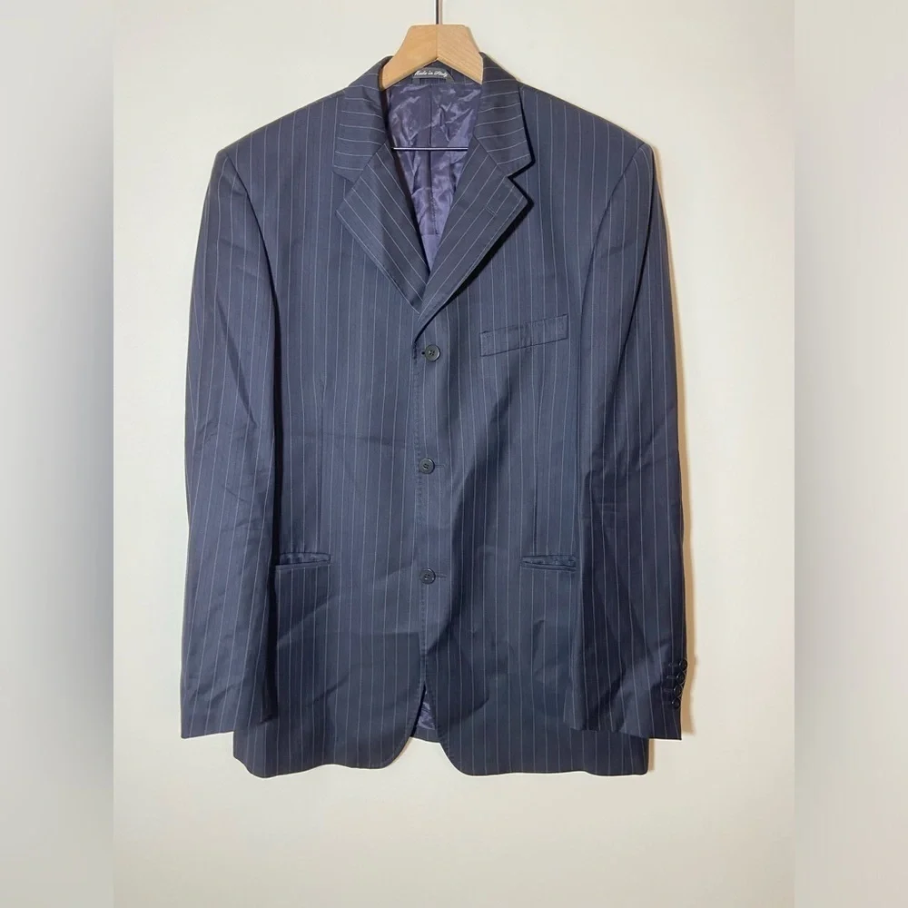 SERGIO VALENTINO Wool Super 140's Blazer Men's 52 L Striped Navy Blue